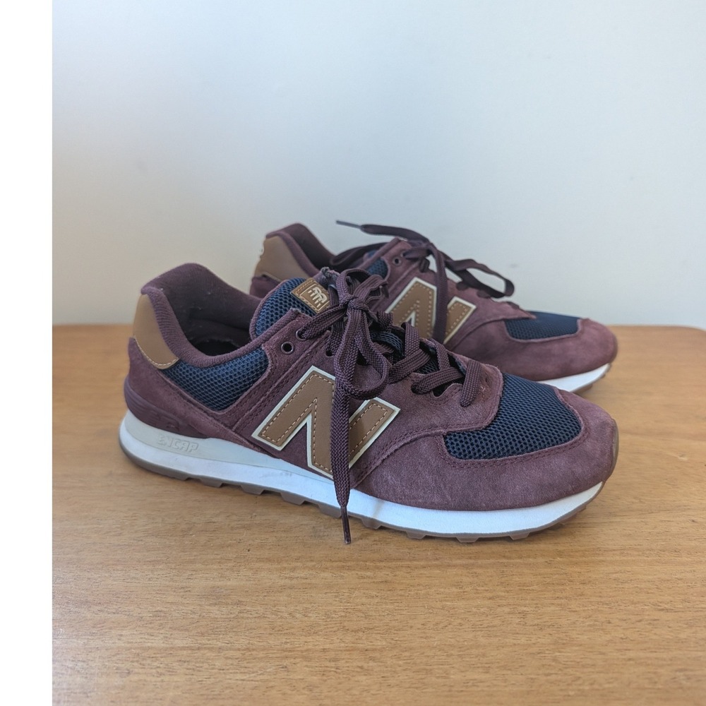 New Balance 574 Burgundy Navy Tan Suede Sneakers ML574JOB Mens 9.5 Low Top